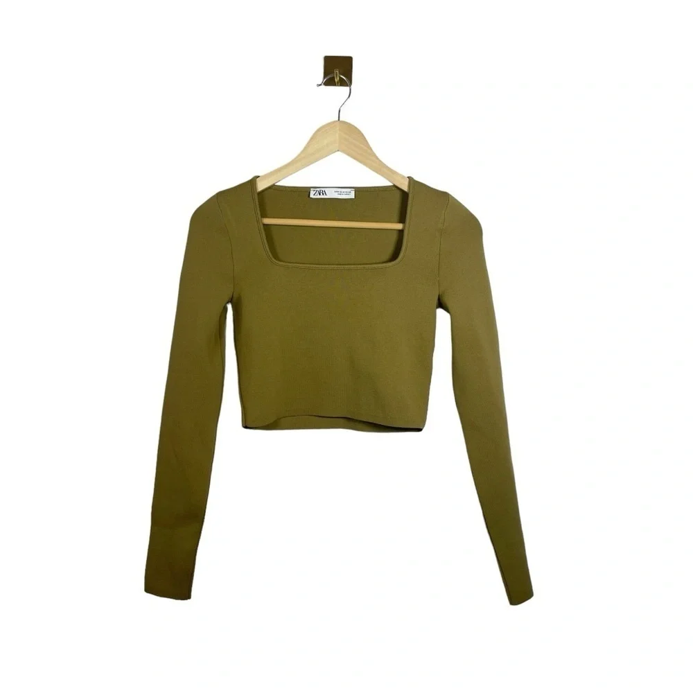 Zara Olive Green Square Neck Fitted Knit Long Sleeve Crop Top Womens Size M